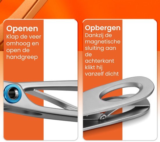 Uitleg over openen en opbergen van een zilverkleurige metalen klem met magneetsluiting.