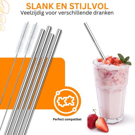 Duurzame roestvrijstalen rietjes met schoonmaakborstels naast een glas aardbeienmilkshake