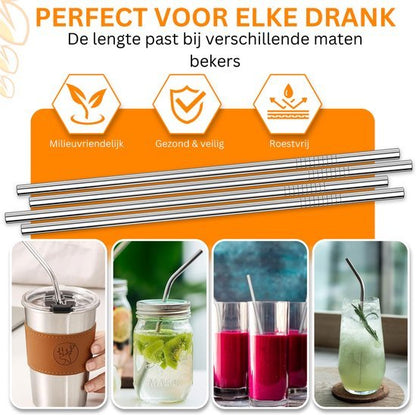 Roestvrijstalen herbruikbare rietjes voor diverse dranken, milieuvriendelijk en veilig in gebruik.