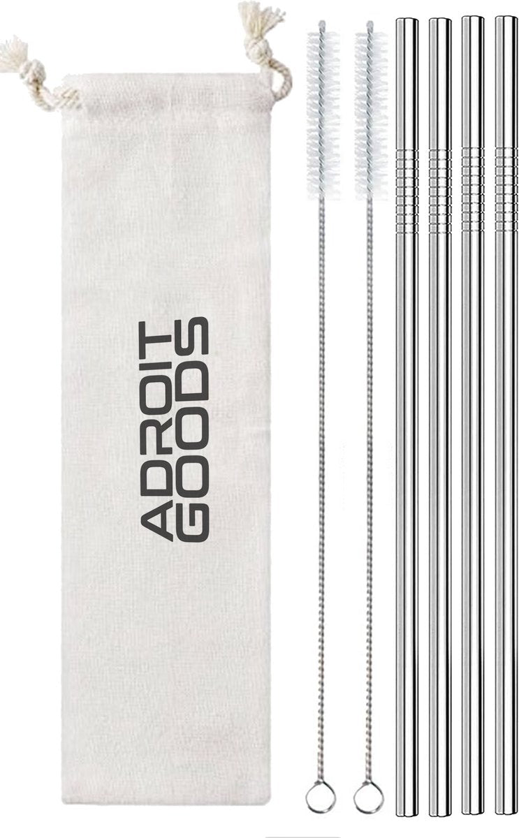 Set van vijf roestvrijstalen rietjes met twee reinigingsborstels en een katoenen bewaartasje