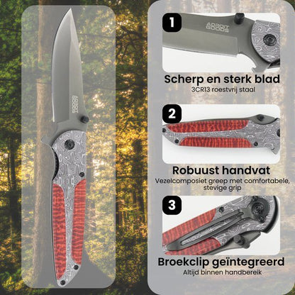 Vouwmes met scherp roestvrij stalen blad, roodvezel handvat en geïntegreerde broekclip.