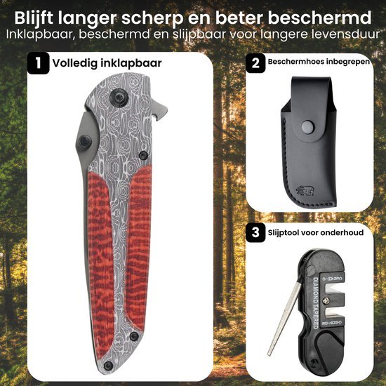 Gesloten inklapbaar mes met rood hout en patroon, beschermhoes en slijptool voor onderhoud.