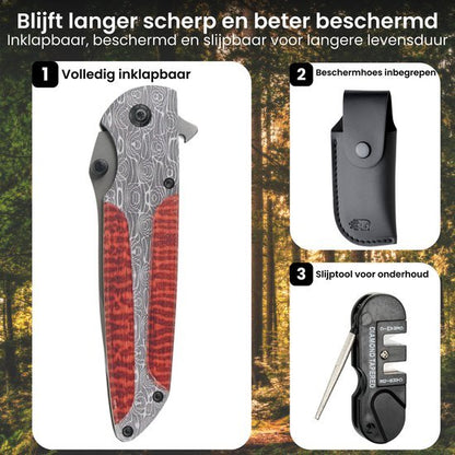 Gesloten inklapbaar mes met rood hout en patroon, beschermhoes en slijptool voor onderhoud.