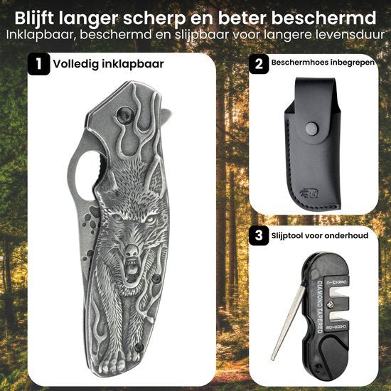 Inklapbaar zakmes met wolvenontwerp, beschermhoes en slijptool voor onderhoud