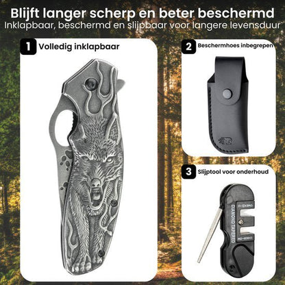 Inklapbaar zakmes met wolvenontwerp, beschermhoes en slijptool voor onderhoud