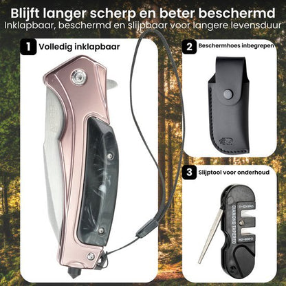 Inklapbaar mes met beschermhoes en slijptool voor onderhoud en langere levensduur