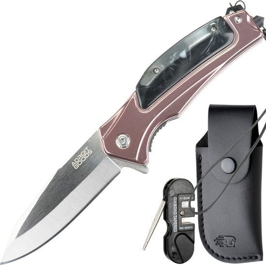 Opvouwbaar zakmes met metalen handvat en bijpassende zwarte hoes met slijper en koord