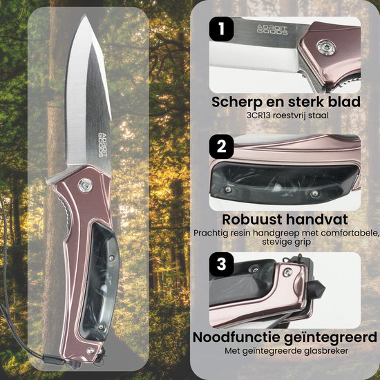 Gesloten zakmes met roestvrijstalen blad en robuust resin handvat in bosrijke omgeving.