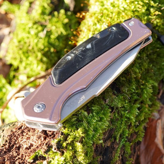 Gesloten zakmes met metalen handgreep liggend op mos bedekte boomstronk in natuurlijk licht