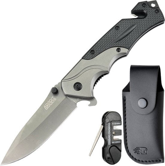 Opvouwbaar zakmes met zwart handvat, safetyschede en multifunctionele tool in zwart kunststof.