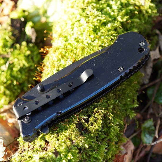 gesloten zwart zakmes met metalen clip liggend op mos in de natuuromgeving