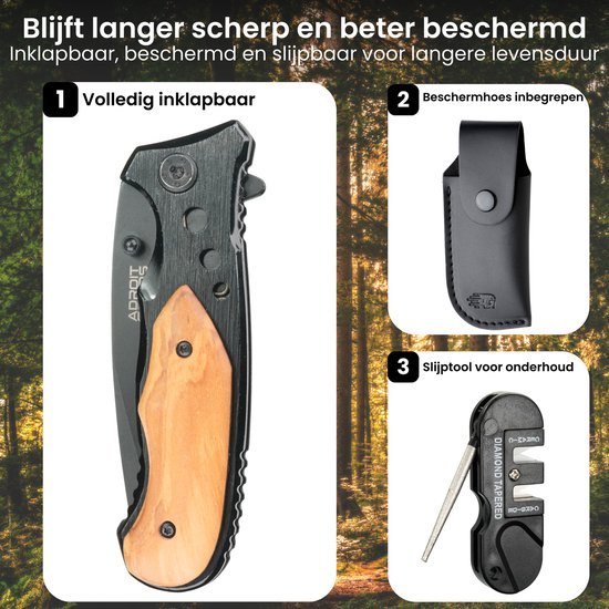 Inklapbaar mes met houten handgreep, beschermhoes en slijptool voor onderhoud