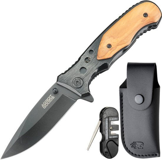 Opvouwbaar mes met houten handvat, zwart lemmet, slijpgereedschap en leren hoesje erbij