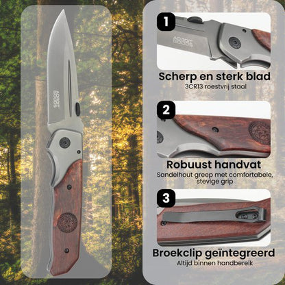 Opvouwbaar mes met roestvrij stalen blad en ergonomisch handvat van sandlewoodhout