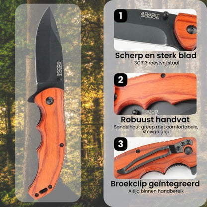 Vouwmes met zwart lemmet, handvat van rood sandelhout en geïntegreerde broekclip