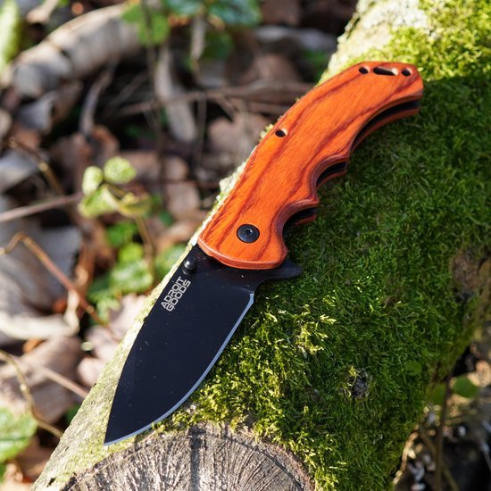 Vouwmes met houten handvat en zwart lemmet liggend op mosbedekte boomstam in de natuur