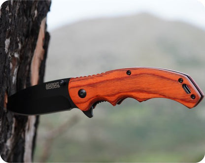 Zwart mes met houten handgreep vastgeklemd in een boomstam met bergachtergrond.