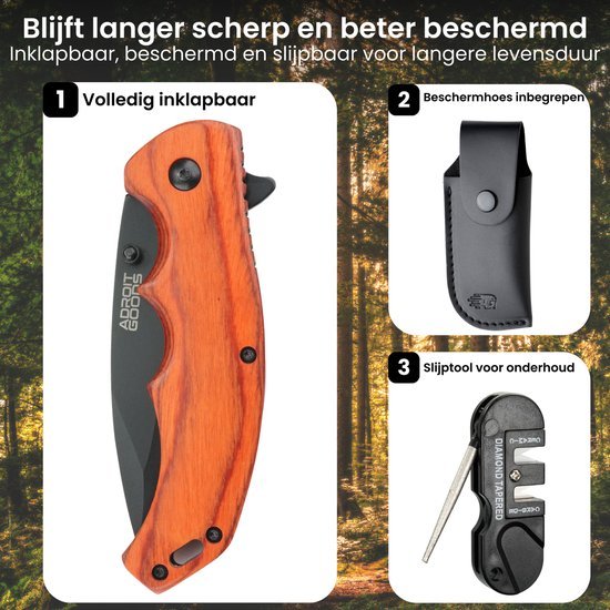 Inklapbaar mes met houten handvat, beschermhoes en slijptool voor onderhoud
