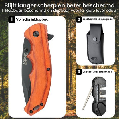 Inklapbaar mes met houten handvat, beschermhoes en slijptool voor onderhoud