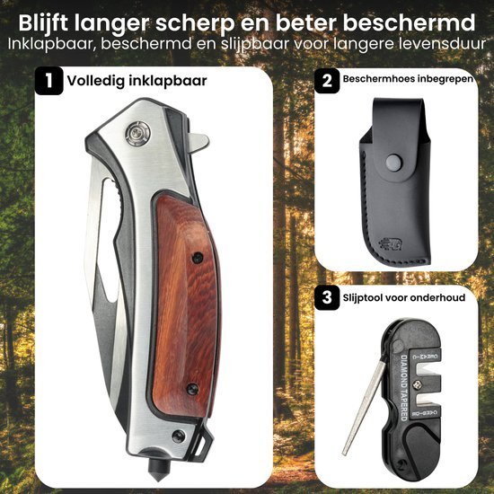 Inklapbaar mes met houten handvat, beschermhoes en slijptool voor onderhoud