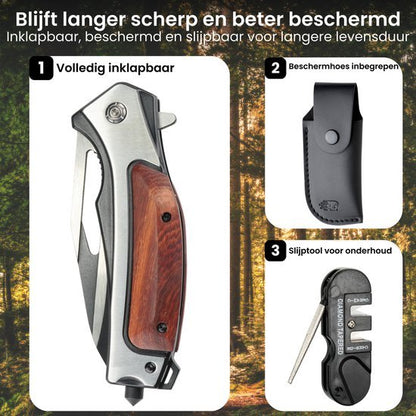 Inklapbaar mes met houten handvat, beschermhoes en slijptool voor onderhoud