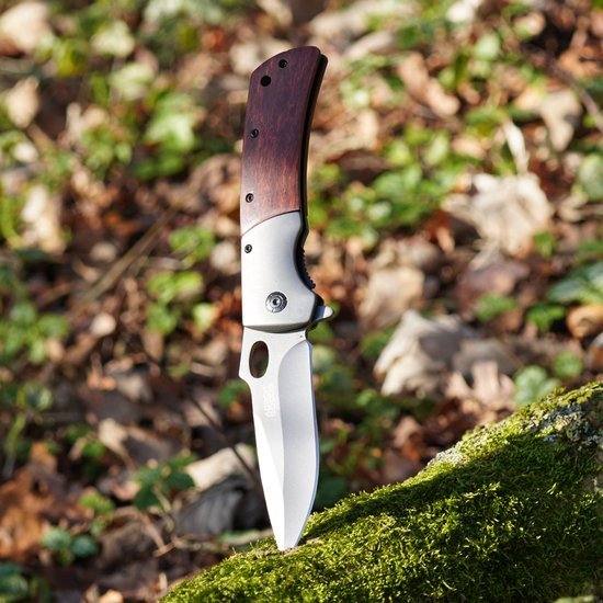 Opensklapbaar mes met houten handvat, geplaatst op mosbedekte boomstronk in bosrijke omgeving