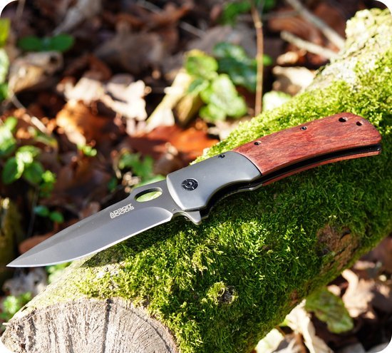 vouwmes met houten handvat en roestvrijstalen lemmet op mosbedekt stuk hout outdoors