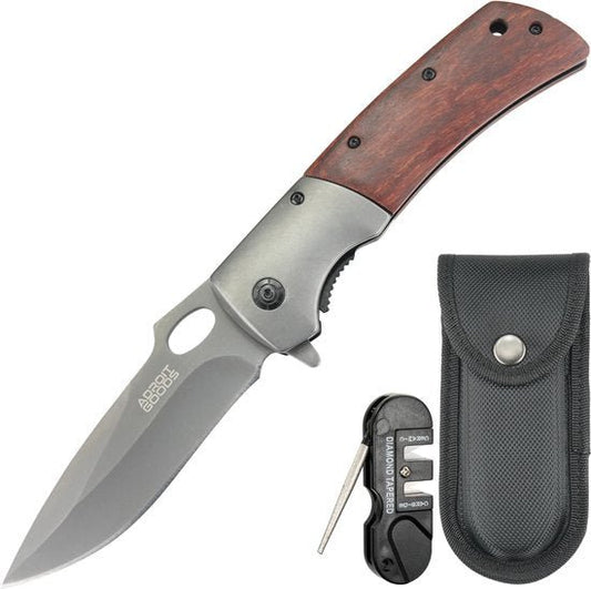 Opvouwbaar mes met houten handvat, messen slijper en zwarte draagetui van AdroitGoods