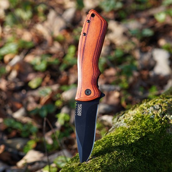 Mes met houten handvat en zwart lemmet steekt in met mos bedekte boomstronk buiten