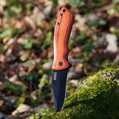 Mes met houten handvat en zwart lemmet steekt in met mos bedekte boomstronk buiten