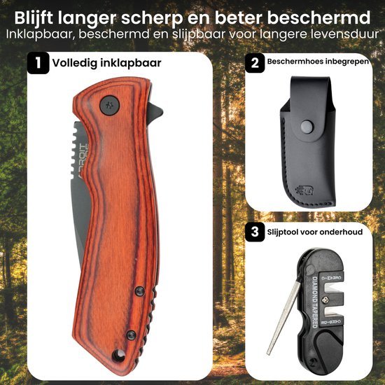 Inklapbaar mes met houten handvat, beschermhoes en slijptool voor onderhoud