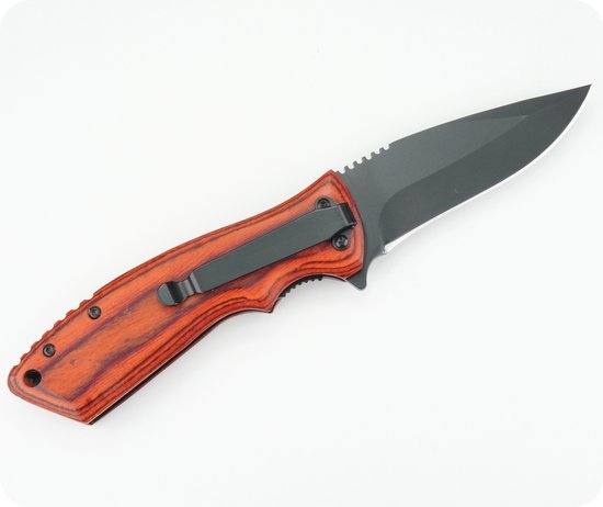 Opvouwbaar zakmes met houten handvat en zwarte lemmetklem voor dagelijks gebruik