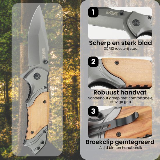 Zakmes met scherp roestvrijstalen blad, robuust sandelhouten handvat en geïntegreerde broekclip