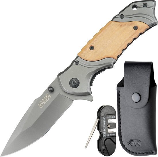 Vouwmes met houten handgreep, inklapbaar mes, slijper en zwart leren hoesje erbij