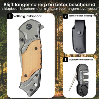 Inklapbaar mes met houten handvat, beschermhoes en slijptool voor onderhoud