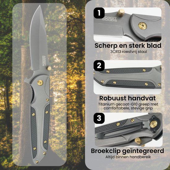 Opgevouwen zakmes met scherp roestvrij stalen lemmet en robuuste titanium gecoate handgreep