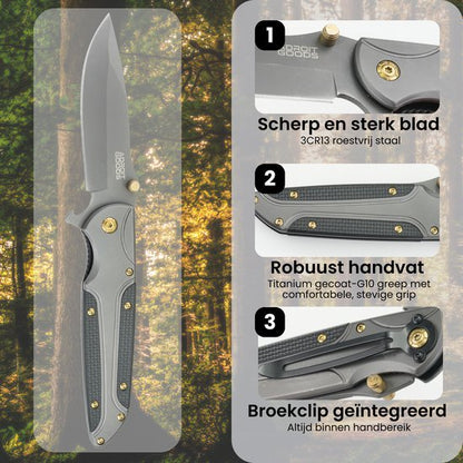 Opgevouwen zakmes met scherp roestvrij stalen lemmet en robuuste titanium gecoate handgreep