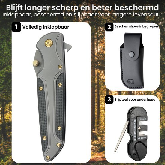 Inklapbaar mes met beschermhoes en slijptool voor onderhoud en langere levensduur