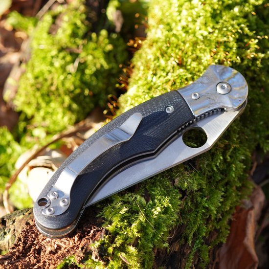 Ingeklapte zakmes met zwarte handgreep en metalen clip liggend op mos en hout