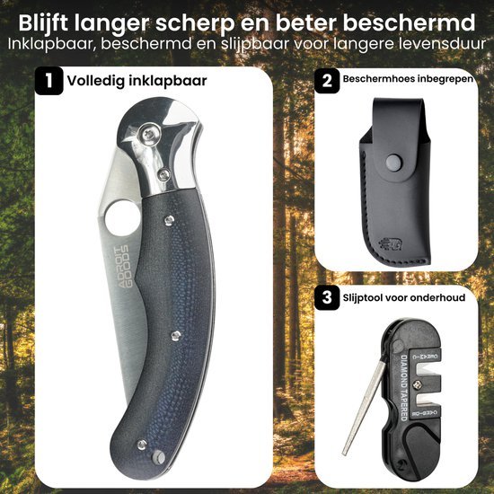 Opvouwbaar mes met beschermhoes en slijptool voor onderhoud en bescherming onderweg