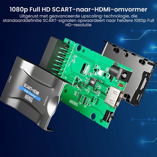 Interne weergave van een SCART-naar-HDMI-omvormer met printplaat en componenten in detail zichtbaar
