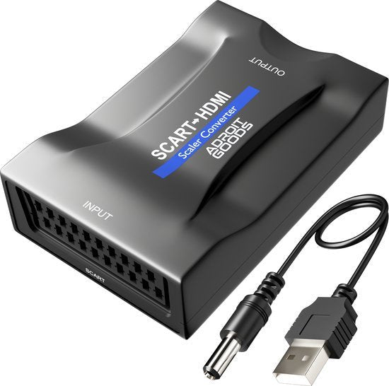 Zwarte SCART naar HDMI video omvormer met USB stroomkabel voor apparaatconnectie.