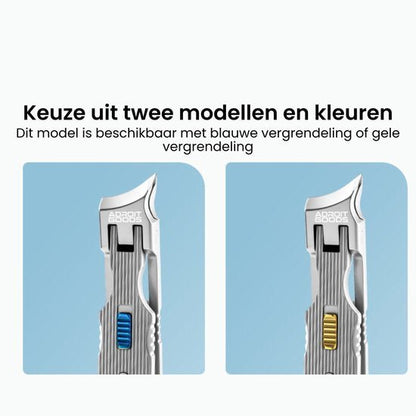 Twee metalen snijmessen met blauwe en gele schuifvergrendeling voor veilig gebruik