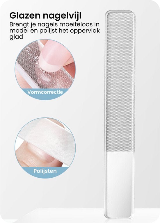 Glazen nagelvijl met twee close-ups van vormcorrectie en polijsten van nagels