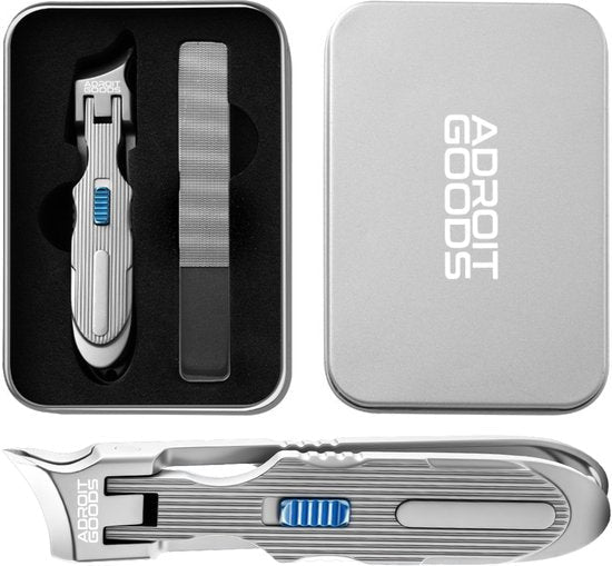 Metalen nagelknipper set met vijl in grijze metalen bewaardoos van Adroit Goods.