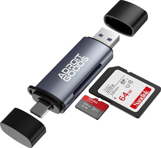 Multifunctionele USB-stick met micro-USB en normale USB-aansluiting plus geheugenkaartenlezer