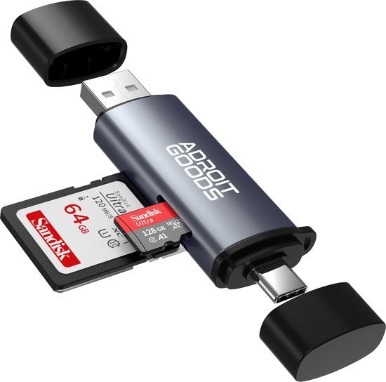 Usb adapter met sd en micro sd kaart en beschermkappen in grijs en zwart