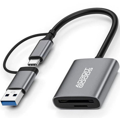 Adapterkabel met USB-C en USB-A connectoren en kaartlezer in grijze behuizing