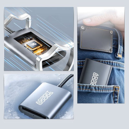 Compact zilverkleurig elektronisch apparaatje met AdroitGoods logo, in broekzak en onder water