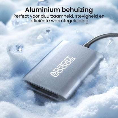 Grijze aluminium behuizing AdroitGoods in sneeuw met tekst over duurzaamheid en warmtegeleiding